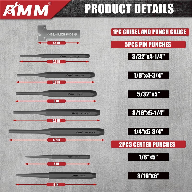AMM 16PCS Punch and Chisel Set, including Taper Punch, Cold Chisels, Pin Punch and Center Punch, Cr-V for Working with Wood, Metal, Automotive - Image 4